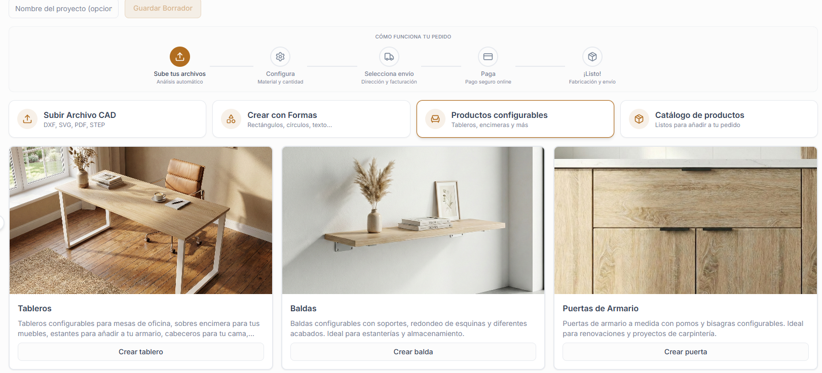 Pantalla real de productos configurables dentro de un portal Nexafab